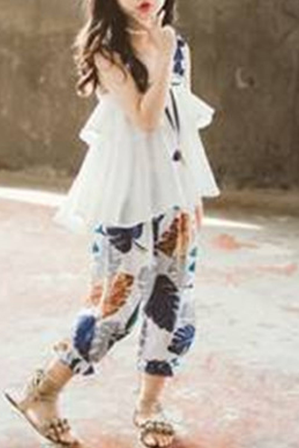 Kids Girls Cute Ruffled Strap Neck Top Floral Printed Pant Two Piece Outfit