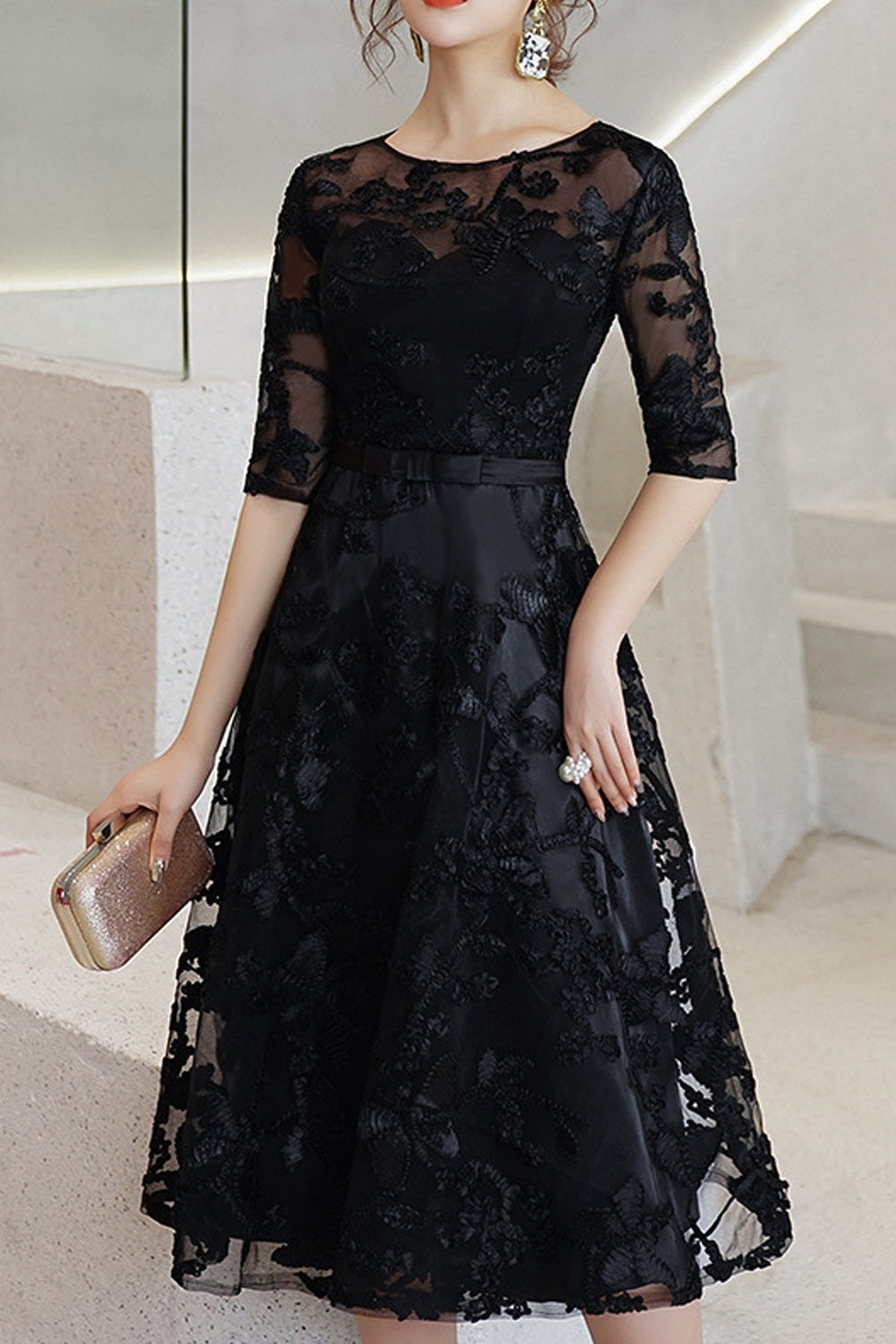 Women Round Neck Half Sleeve Solid Pattern Elegant Evening Party Dress
