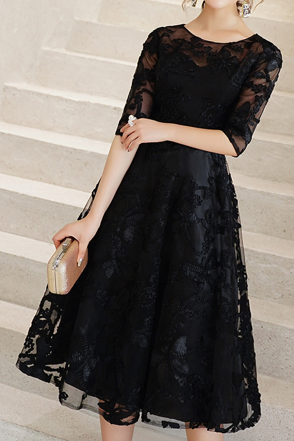 Women Round Neck Half Sleeve Solid Pattern Elegant Evening Party Dress