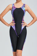 Waterproof quick-drying imitation sharkskin belly-covering slimming knee-length professional one-piece swimsuit with chest pads