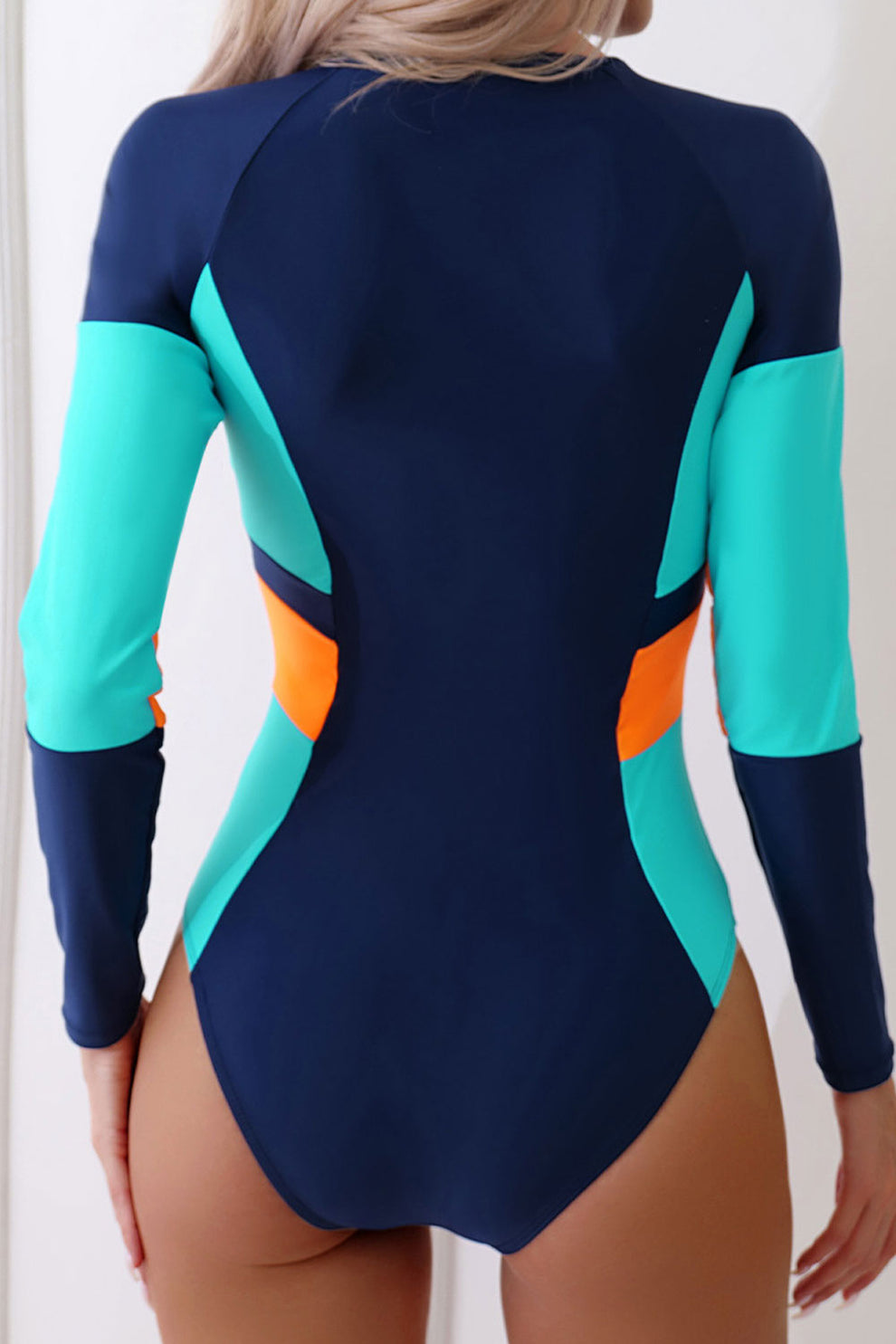 New long-sleeved one-piece swimsuit with contrasting color stitching zipper sexy women's swimwear