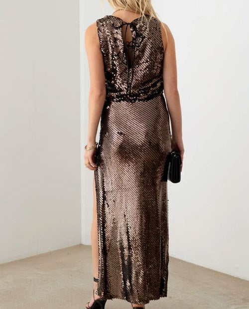Women's Mustard Seed Metallic Shiny Sequins Back Ribbon Bubble Top