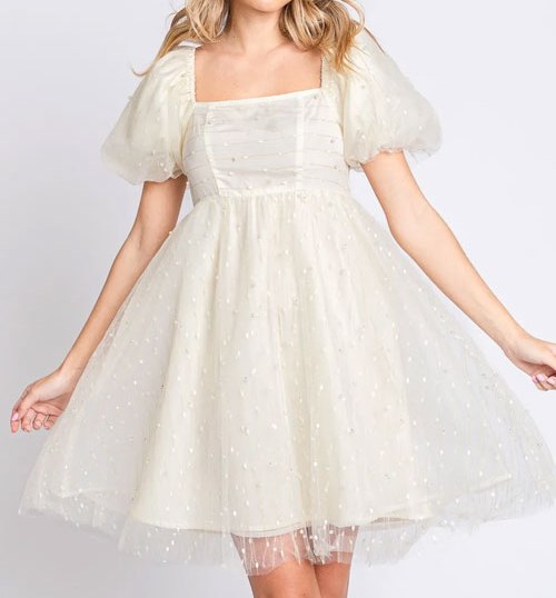 Women's GeeGee Pearl Mesh Puff Sleeve Babydoll Dress