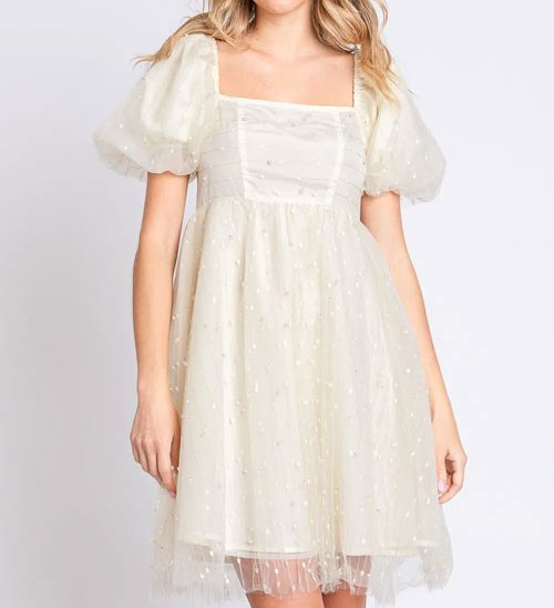 Women's GeeGee Pearl Mesh Puff Sleeve Babydoll Dress