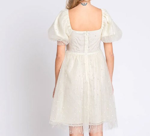 Women's GeeGee Pearl Mesh Puff Sleeve Babydoll Dress