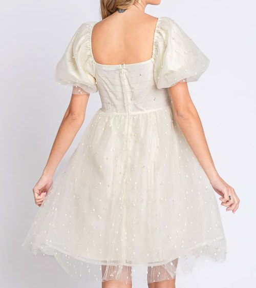 Women's GeeGee Pearl Mesh Puff Sleeve Babydoll Dress