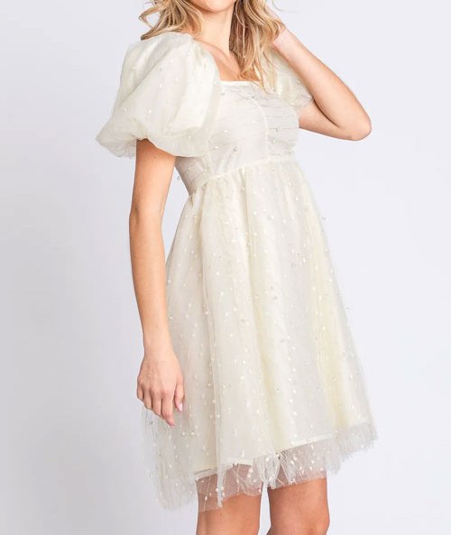 Women's GeeGee Pearl Mesh Puff Sleeve Babydoll Dress