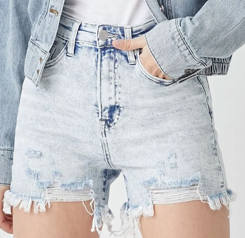 Women's RISEN Raw Hem Distressed High Rise Denim Shorts