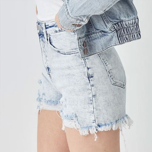 Women's RISEN Raw Hem Distressed High Rise Denim Shorts