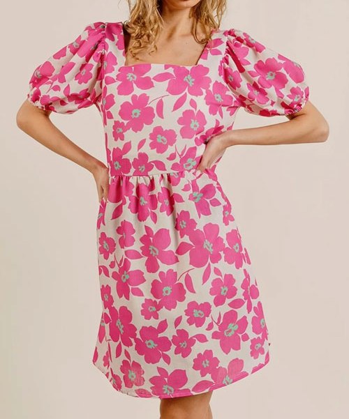 Women's BiBi Printed Square Neck Puff Sleeve Mini Dress