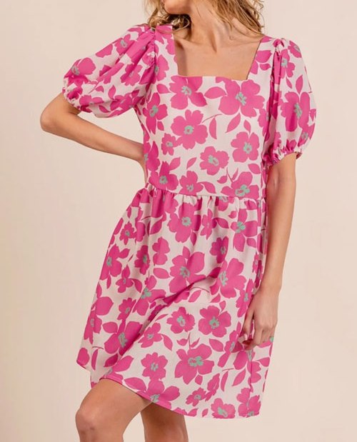 Women's BiBi Printed Square Neck Puff Sleeve Mini Dress