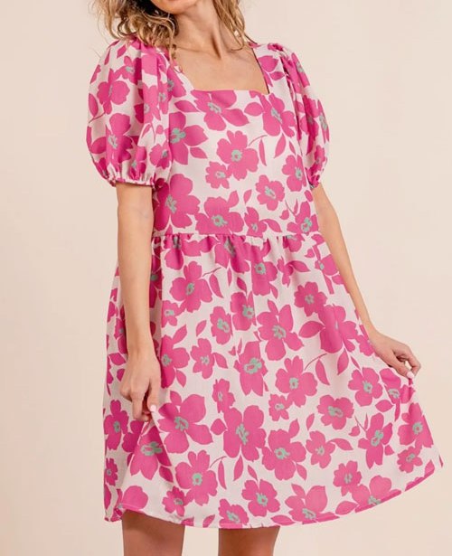 Women's BiBi Printed Square Neck Puff Sleeve Mini Dress