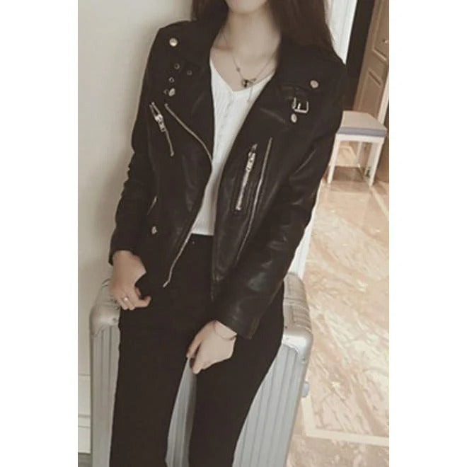 Women Classy Long Sleeve Slim Leather Jacket WJC23211