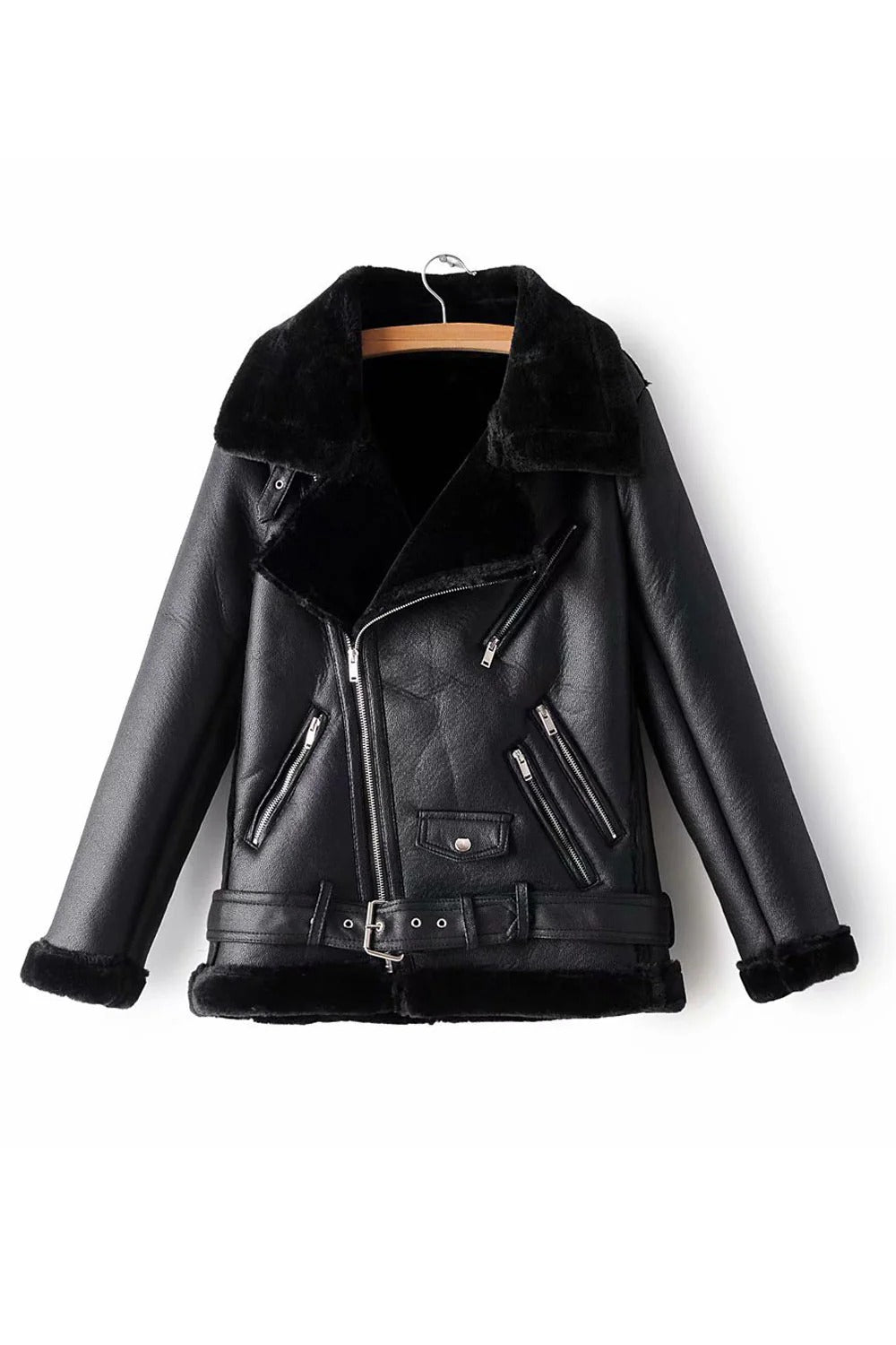 Women Oblique Zipper Style Thick Long Sleeve Winter Leather Jacket