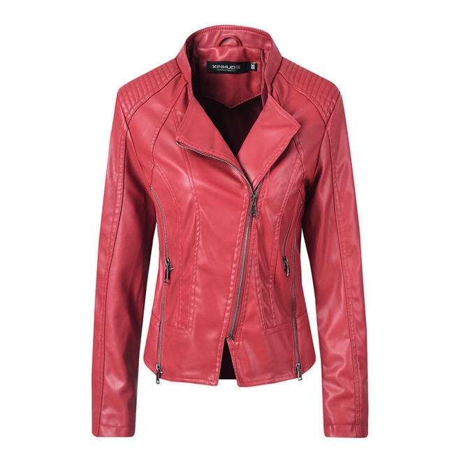 Women Collar Neck Warm Thick Solid Colored Long Sleeve PU Leather Jacket