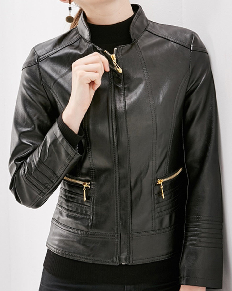 Women Long Sleeve Collar Neck Comfortable Stylish Zipper Closure Leather Jacket  WJK89118
