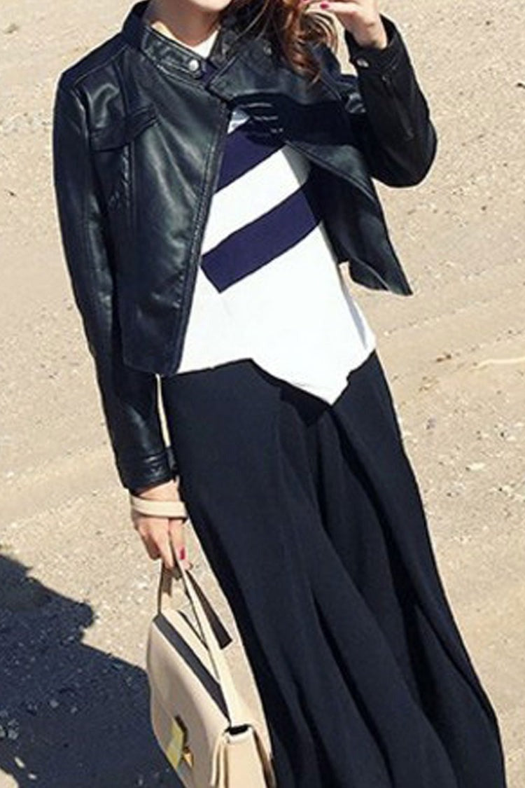 Women Comfortable Stand Up Collar Long Sleeve Zipper Closure Convinient Casual PU Leather Jacket