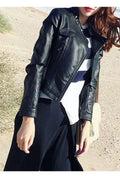 Women Comfortable Stand Up Collar Long Sleeve Zipper Closure Convinient Casual PU Leather Jacket