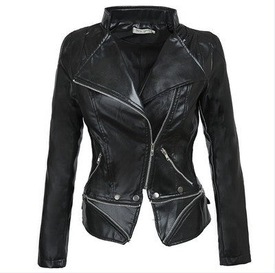 Women Warm Long Sleeve Stand Collar Neck Comfortable Leather Jacket