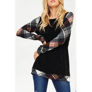 Women's Casual Plaid Sleeve Top with Layered Hem
