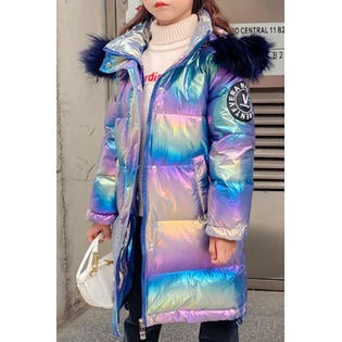 Kids' Holographic Puffer Coat with Faux Fur Hood
