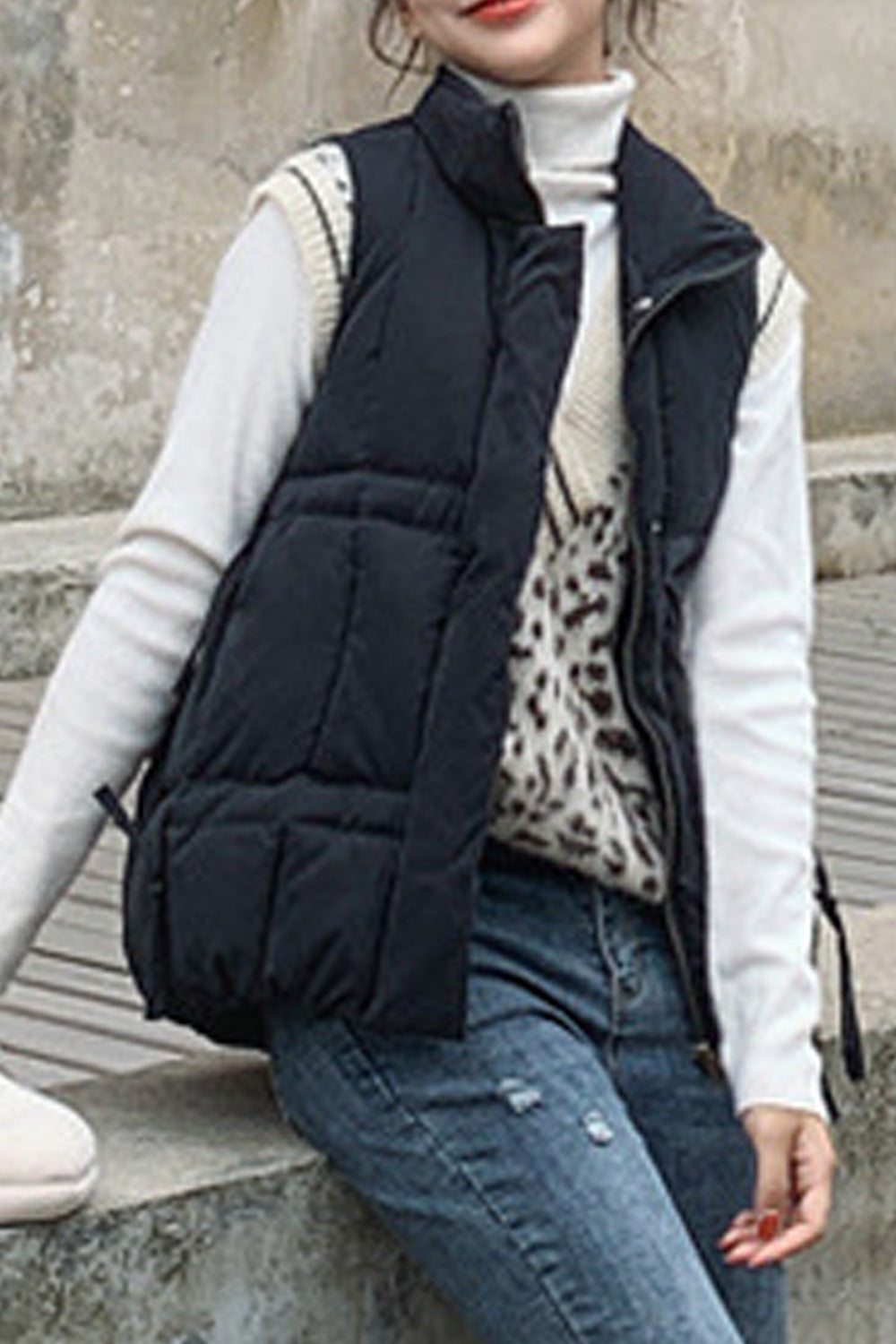 Women Zip Up Closure Solid Pattern Stand Up Collar Padded Vest