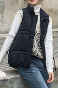 Women Zip Up Closure Solid Pattern Stand Up Collar Padded Vest
