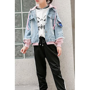 Kids Girls Contrast Hood Drawstring Denim Jacket - KGJC42058