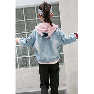 Kids Girls Contrast Hood Drawstring Denim Jacket - KGJC42058
