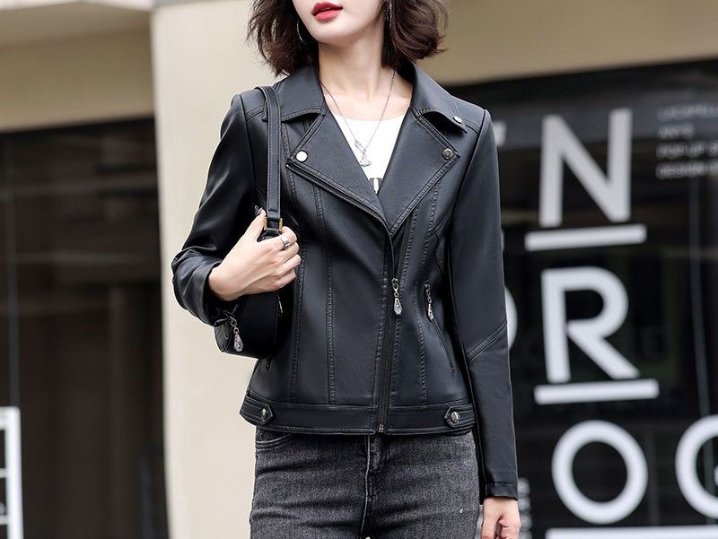 Women Classy Zip Closure Coat Style Collar Neck Fabulous Winter Leather Jacket