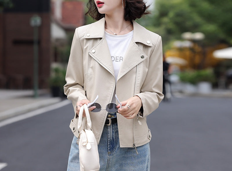 Women Classy Zip Closure Coat Style Collar Neck Fabulous Winter Leather Jacket