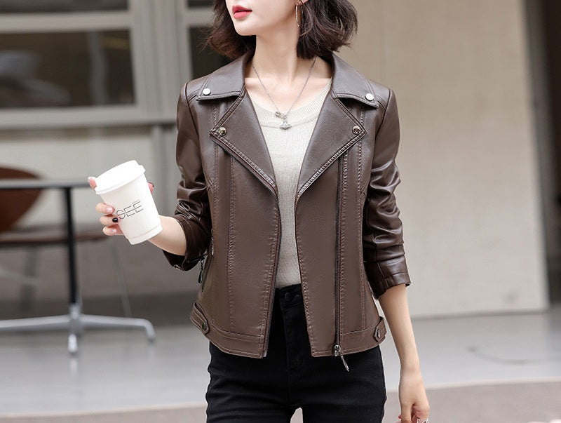 Women Classy Zip Closure Coat Style Collar Neck Fabulous Winter Leather Jacket