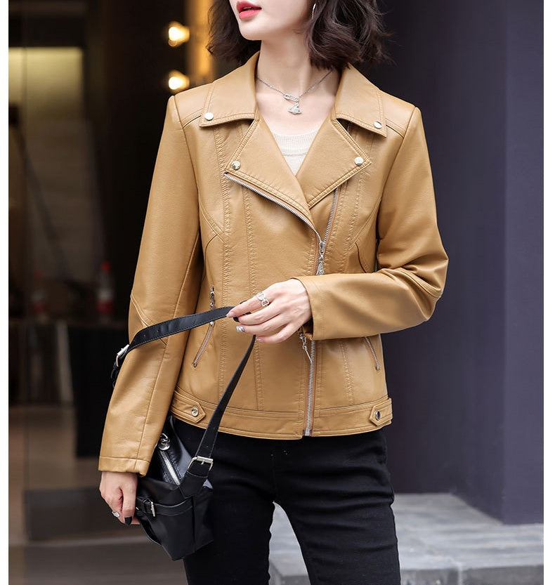 Women Classy Zip Closure Coat Style Collar Neck Fabulous Winter Leather Jacket