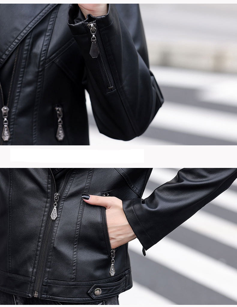 Women Classy Zip Closure Coat Style Collar Neck Fabulous Winter Leather Jacket
