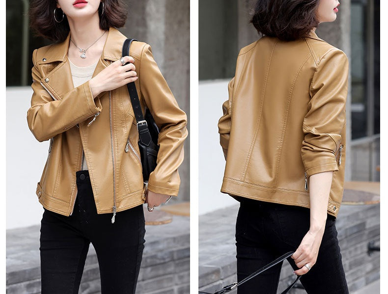 Women Classy Zip Closure Coat Style Collar Neck Fabulous Winter Leather Jacket