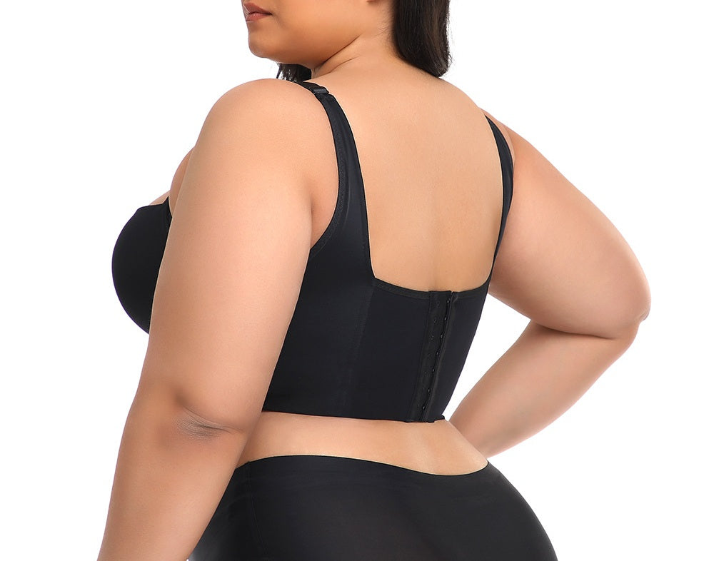 Gathered and side-breasted seamless cup vest-style body shaping back long large size sports bra three-row button