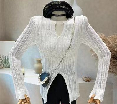 Spring & Autumn Split Long Sleeve V-Neck Hollow Knit Sweater for Women