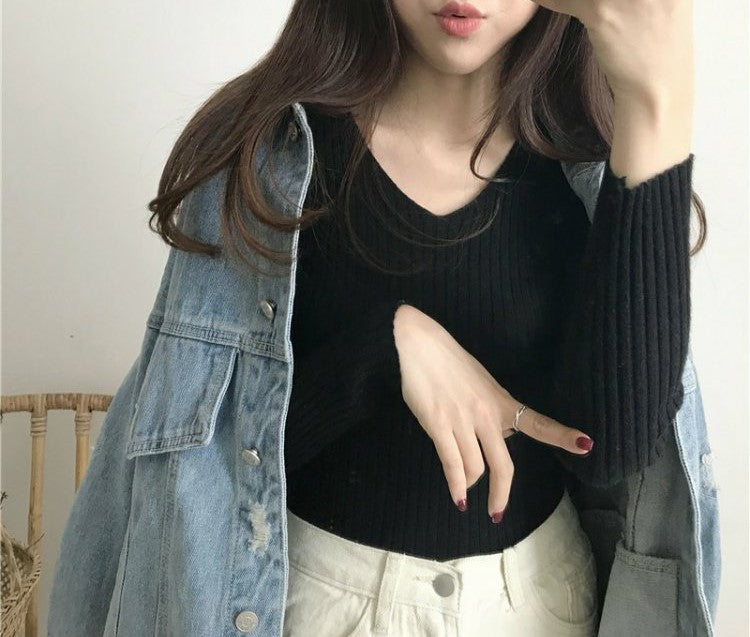 Women's Slim Fit V-Neck Retro Pullover - Long & Short Sleeve Knitted Sweater for Spring and Autumn
