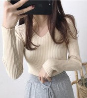 Women's Slim Fit V-Neck Retro Pullover - Long & Short Sleeve Knitted Sweater for Spring and Autumn