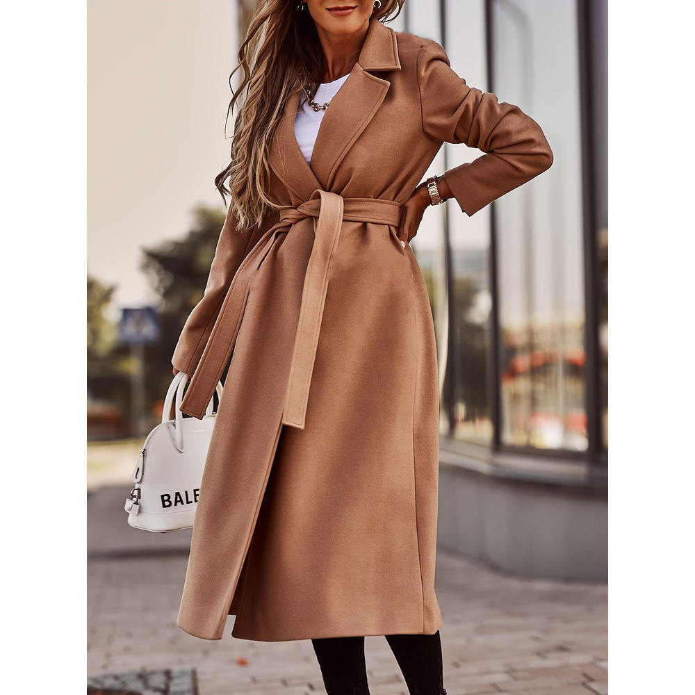 Women's Long Sleeve V-Neck Woolen Bandage Coat – Elegant Warm Casual Outerwear Tops