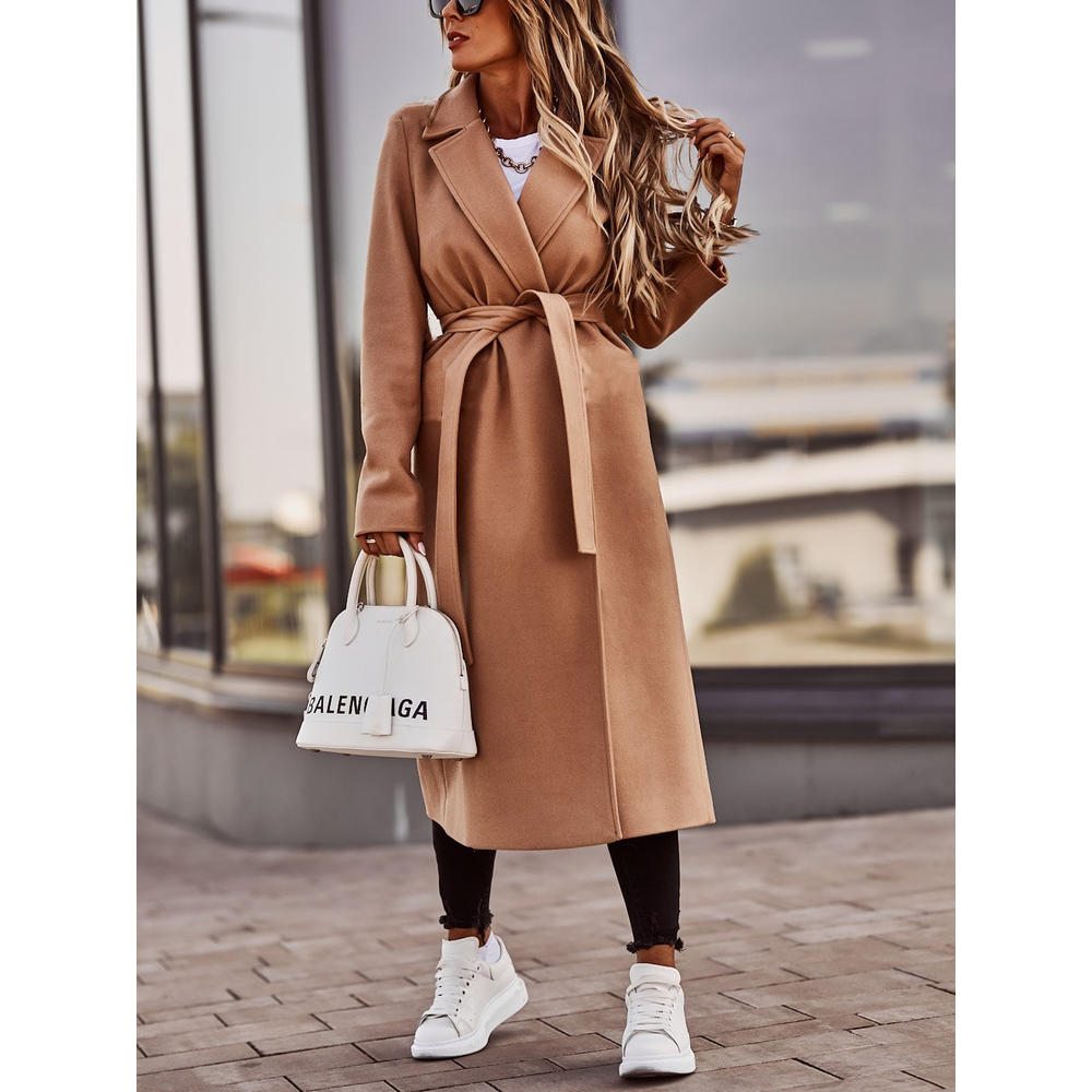 Women's Long Sleeve V-Neck Woolen Bandage Coat – Elegant Warm Casual Outerwear Tops