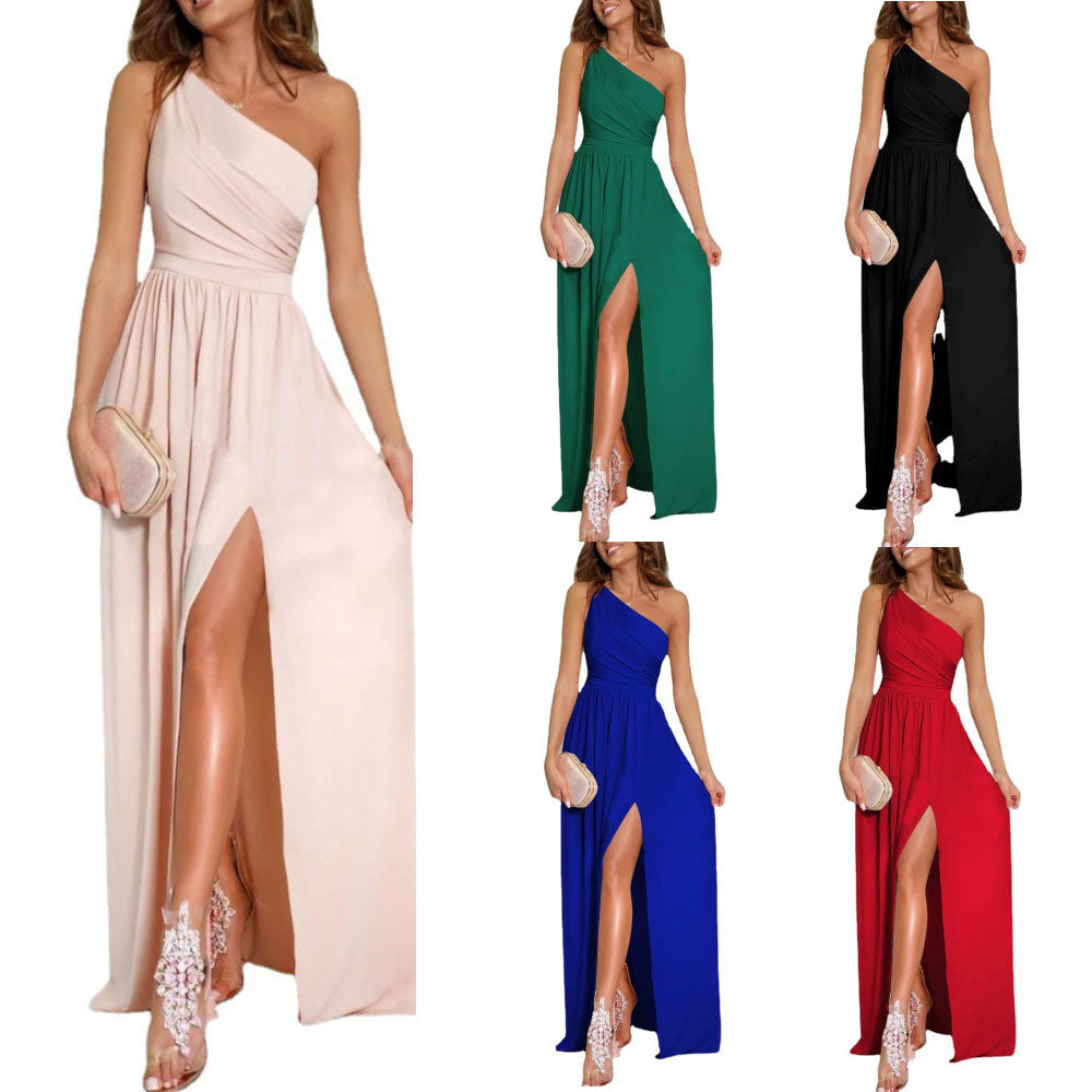 Elegant One-Shoulder Hollow Halter High-Waist Slit Maxi Dress for Women