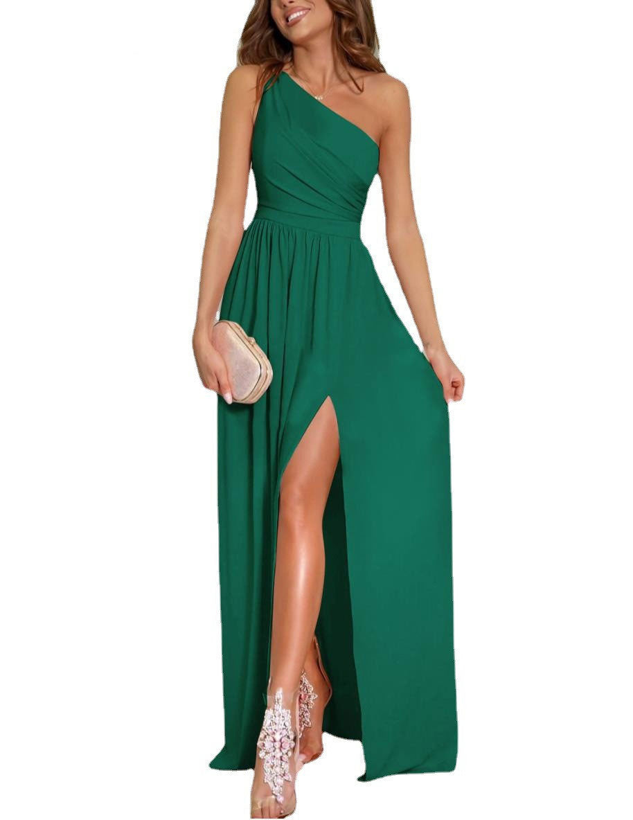 Elegant One-Shoulder Hollow Halter High-Waist Slit Maxi Dress for Women
