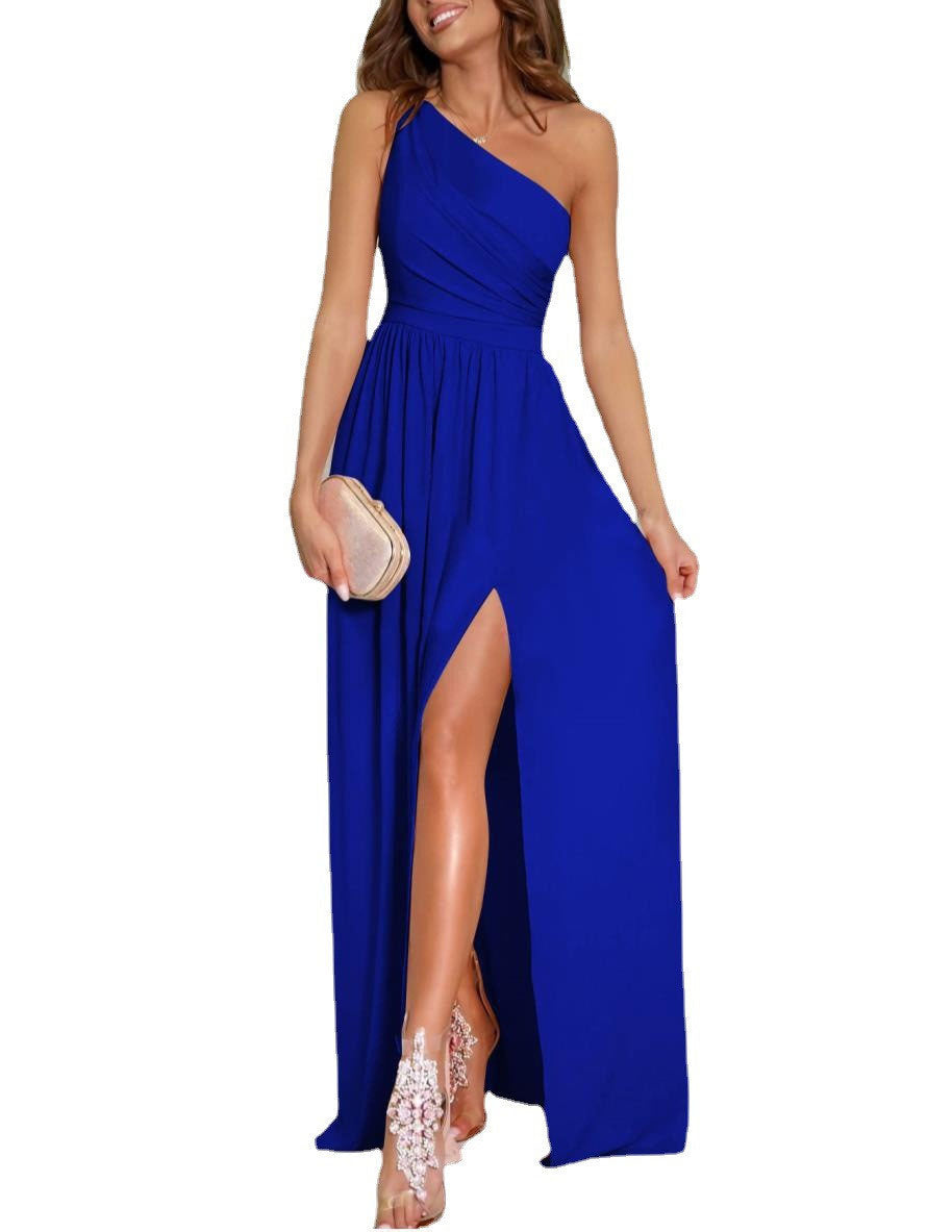 Elegant One-Shoulder Hollow Halter High-Waist Slit Maxi Dress for Women