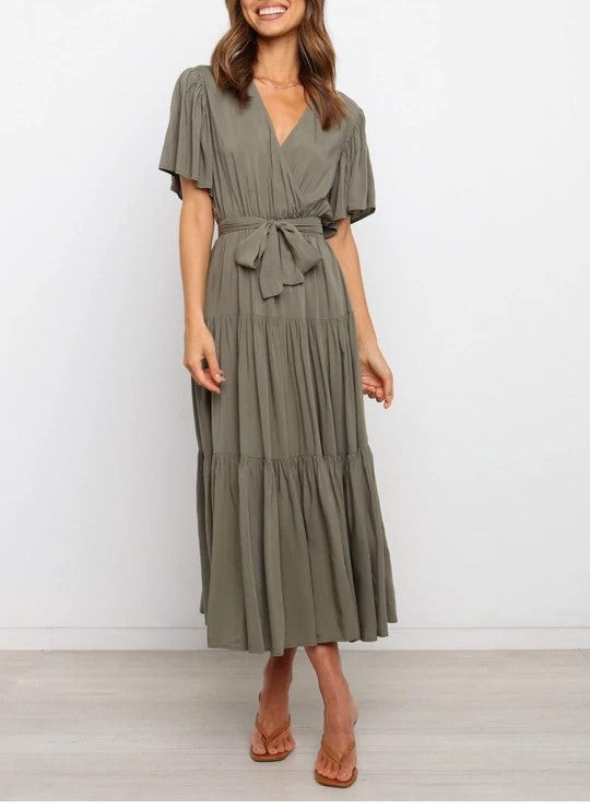 Bohemian V-Neck Commuter Print Short-Sleeved Waist-Defined Maxi Dress