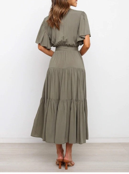 Bohemian V-Neck Commuter Print Short-Sleeved Waist-Defined Maxi Dress
