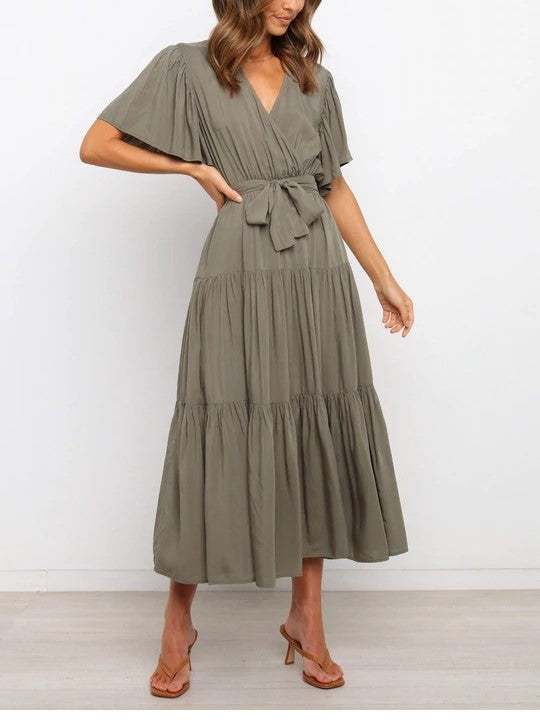 Bohemian V-Neck Commuter Print Short-Sleeved Waist-Defined Maxi Dress