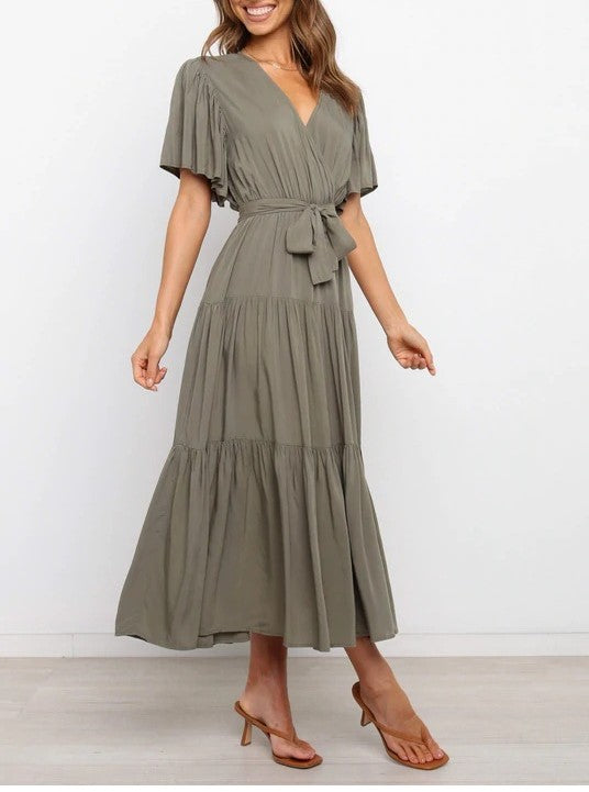 Bohemian V-Neck Commuter Print Short-Sleeved Waist-Defined Maxi Dress