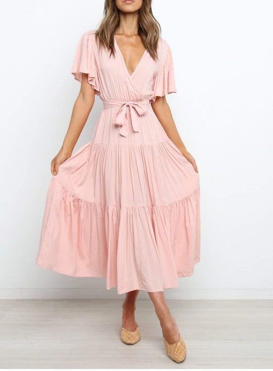 Bohemian V-Neck Commuter Print Short-Sleeved Waist-Defined Maxi Dress