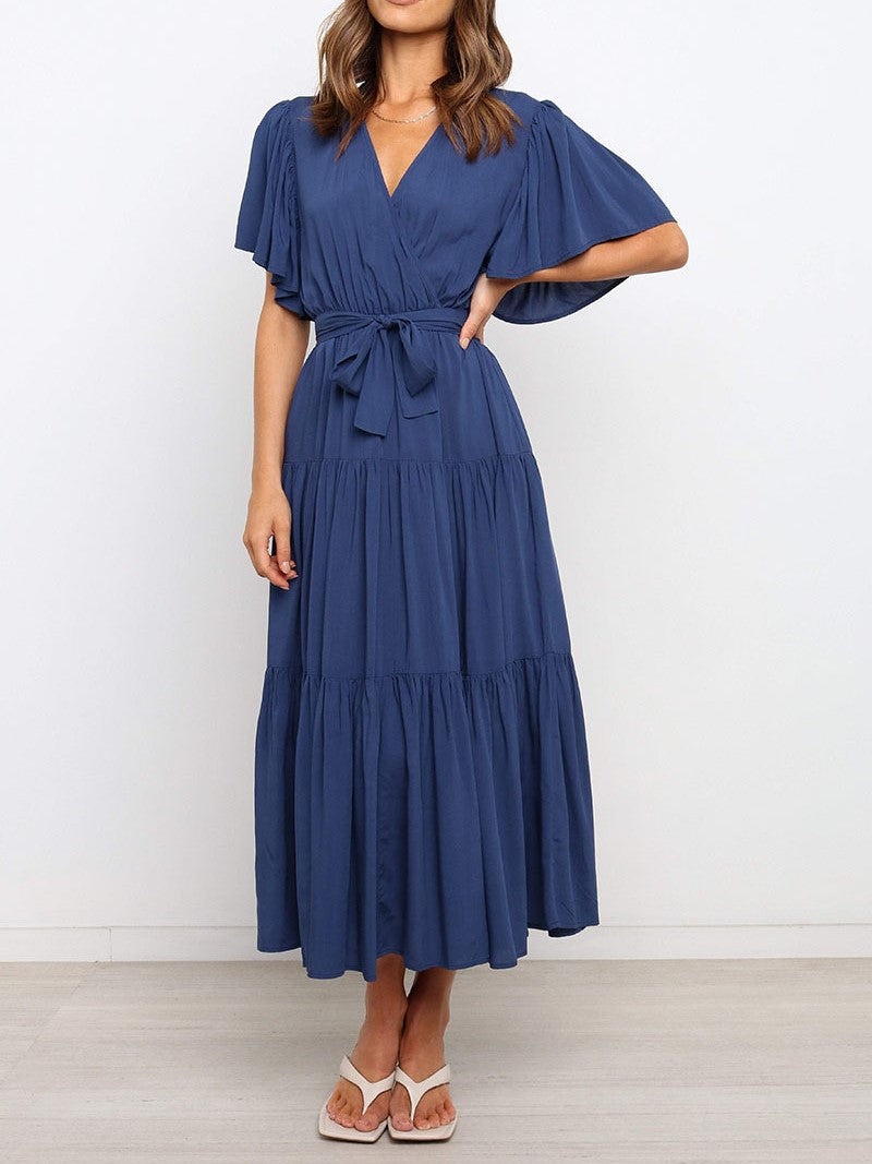 Bohemian V-Neck Commuter Print Short-Sleeved Waist-Defined Maxi Dress